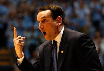CHAPEL HILL, NC - MARCH 08:  Head coach Mike Krzyzewski of the Duke Blue Devils yells to his team against the North Carolina Tar Heels during their game at the Dean E. Smith Center on March 8, 2009 in Chapel Hill, North Carolina.  (Photo by Streeter Lecka/Getty Images)