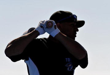 DUNEDIN, FL - MARCH 4:  Outfielder Vernon Wells #10 the Toronto Blue Jays warms up near the batting cage before playing against the USA World Baseball team March 4, 2009 at Dunedin Stadium in Dunedin, Florida.  (Photo by Al Messerschmidt/Getty Images)