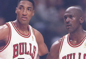 6 May 1997:  Guard Michael Jordan #23 and forward Scottie Pippen #33 of the Chicago Bulls stand on the court during a playoff game against the Atlanta Hawks at the United Center in Chicago, Illinois.  The Bulls won the game 100-97.   Mandatory Credit: Jon