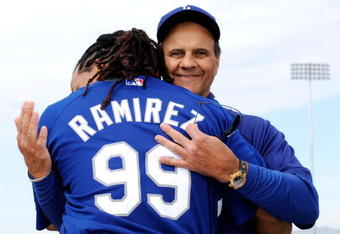 GLENDALE, AZ - MARCH 05:  Manny Ramirez #99 (L) of the Los Angeles Dodgers hugs manager Joe Torre #6 during a news conference on March 5, 2009, at Camelback Ranch in Glendale, Arizona, after he re-signed with the Dodgers.  (Photo by Kevork Djansezian/Getty Images)