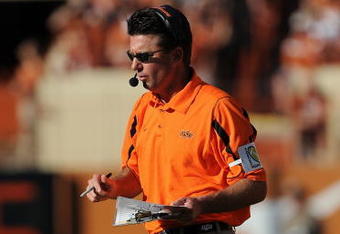 AUSTIN, TX - OCTOBER 25:  Head coach Mike Gundy of the Oklahoma State Cowboys during play against the Texas Longhorns at Texas Memorial Stadium on October 25, 2008 in Austin, Texas.  (Photo by Ronald Martinez/Getty Images)