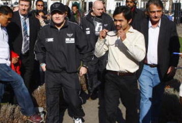 LONDON - MARCH 02:  Ricky Hatton (L) and Manny Pacquiao arrive at the Imperial War Museum on March 2, 2009 in London, England. Ricky Hatton will fight Manny Pacquiao on Saturday May 2, 2009 at the MGM Grand Garden Arena in Las Vegas.  (Photo by Julian Finney/Getty Images)