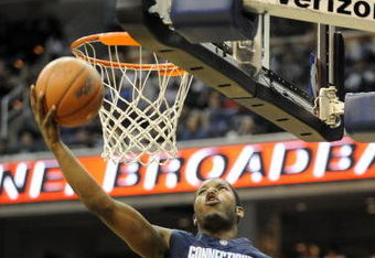 WASHINGTON - JANUARY 12:   Jerome Dyson #11 of the University of Connecticut drives to the hoop against the Georgetown Hoyas at the Verizon Center on January 12, 2008 in Washington, D.C. (Photo by Greg Fiume/Getty Images)