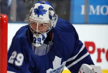 TORONTO - MARCH 14:  Martin Gerber #29 of the Toronto Maple Leafs defends the net against the Calgary Flames during the game at Air Canada Centre on March 14, 2009 in Toronto, Ontario, Canada. (Photo by Dave Sandford/Getty Images)