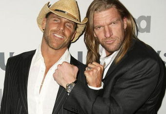 NEW YORK - MARCH 26: WWE wrestlers Shawn Michaels and Triple H attend the USA Network Upfront at The Modern on March 26, 2008 in New York City.  (Photo by Andrew Walker/Getty Images)