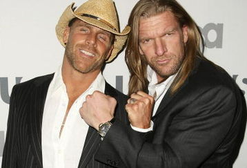 NEW YORK - MARCH 26: WWE wrestlers Shawn Michaels and Triple H attend the USA Network Upfront at The Modern on March 26, 2008 in New York City.  (Photo by Andrew Walker/Getty Images)