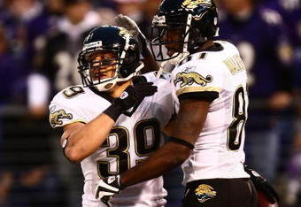 BALTIMORE - DECEMBER 28: Alvin Pearman #39 of the Jacksonville Jaguars is congratulated by team mate Mike Walker #81 after scoring a touchdown during the game on December 28, 2008 at M&T Bank Stadium in Baltimore, Maryland. (Photo by Chris McGrath/Getty Images)