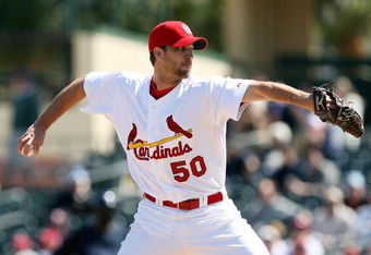 JUPITER, FL - MARCH 02:  Starting pitcher Adam Wainwright #50 of the St. Louis Cardinals pitches against the Tampa Bay Rays during a spring training game at Roger Dean Stadium on March 2, 2009 in Jupiter, Florida. The Rays defeated the Cardinals 8-5.  (Photo by Doug Benc/Getty Images)