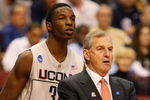 PHILADELPHIA - MARCH 21:  Hasheem Thabeet #34 of the Connecticut Huskies and head coach Jim Calhoun look on during the game against the Texas A&M Aggies during the second round of the NCAA Division I Men's Basketball Tournament at the Wachovia Center on March 21, 2009 in Philadelphia, Pennsylvania.  (Photo by Jim McIsaac/Getty Images)