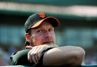 SCOTTSDALE, AZ - FEBRUARY 26:  Pitcher randy Johnson of the San Francisco Giants watches the spring training game against the Los Angeles Dodgers at Scottsdale Stadium on February 26, 2009 in Scottsdale, Arizona.  (Photo by Kevork Djansezian/Getty Images)