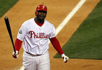 PHILADELPHIA - OCTOBER 27:  Ryan Howard #6 of the Philadelphia Phillies reacts after he struck out in the bottom of the third inning against the Tampa Bay Rays during game five of the 2008 MLB World Series on October 27, 2008 at Citizens Bank Park in Philadelphia, Pennsylvania.  (Photo by Elsa/Getty Images)