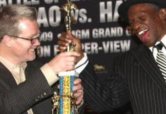 HOLLYWOOD - MARCH 30:  Trainer Freddie Roach and trainer Floyd Mayweather attend 'The Battle of East and West', a promotion for the May 2, 2009 World Junior Welterweight Championship boxing match held at the Roosevelt Hotel on March 30, 2009 in Hollywood, California.  (Photo by Alberto E. Rodriguez/Getty Images)