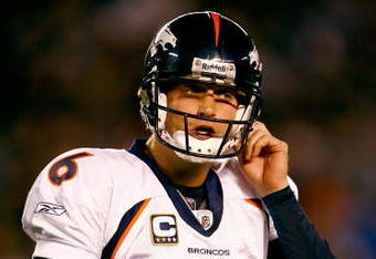 SAN DIEGO - DECEMBER 28:  Quarterback Jay Cutler #6 of the Denver Broncos walks to the sidelines during the NFL game against the San Diego Chargers at Qualcomm Stadium on December 28, 2008 in San Diego, California. The Chargers defeated the Broncos 52--21.  (Photo by Jeff Gross/Getty Images)