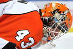 UNIONDALE, NY - MARCH 28:  Martin Biron #43 of the Philadelphia Flyers during a break in the action as he waits for a faceoff against the New York Islanders in a National Hockey League game on March 28, 2009 in Uniondale, New York.  (Photo by Paul Bereswill/Getty Images)