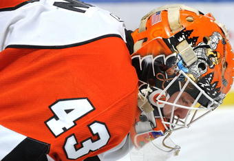 UNIONDALE, NY - MARCH 28:  Martin Biron #43 of the Philadelphia Flyers during a break in the action as he waits for a faceoff against the New York Islanders in a National Hockey League game on March 28, 2009 in Uniondale, New York.  (Photo by Paul Bereswill/Getty Images)
