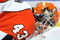 UNIONDALE, NY - MARCH 28:  Martin Biron #43 of the Philadelphia Flyers during a break in the action as he waits for a faceoff against the New York Islanders in a National Hockey League game on March 28, 2009 in Uniondale, New York.  (Photo by Paul Bereswill/Getty Images)