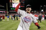 PHILADELPHIA - OCTOBER 29:  Geoff Jenkins #10 of the Philadelphia Phillies celebrates on the field after their 4-3 win to win the World Series against the Tampa Bay Rays during the continuation of game five of the 2008 MLB World Series on October 29, 2008 at Citizens Bank Park in Philadelphia, Pennsylvania.  (Photo by Doug Pensinger/Getty Images)