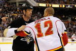 PITTSBURGH - MARCH 25: Forwards Bill Guerin #13 of the Pittsburgh Penguins and Jarome Iginla #12 of the Calgary Flames wrestle with each other on March 25, 2009 at Mellon Arena in Pittsburgh, Pennsylvania.  (Photo by Jamie Sabau/Getty Images)