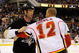 PITTSBURGH - MARCH 25: Forwards Bill Guerin #13 of the Pittsburgh Penguins and Jarome Iginla #12 of the Calgary Flames wrestle with each other on March 25, 2009 at Mellon Arena in Pittsburgh, Pennsylvania. (Photo by Jamie Sabau/Getty Images)