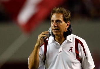TUSCALOOSA, AL - SEPTEMBER 01:  Head Coach Nick Saban of Alabama watches a play from the sideline against Western Carolina on September 1, 2007 at Bryant-Denny Stadium in Tuscaloosa, Alabama.  (Photo by Chris Graythen/Getty Images)