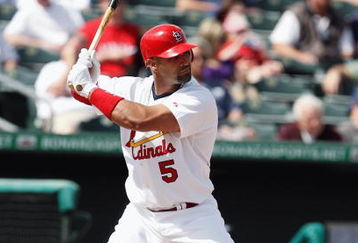 JUPITER, FL - FEBRUARY 25:  Albert Pujols #5 of the St. Louis Cardinals bats against the Florida Marlins during a spring training game at Roger Dean Stadium on February 25, 2009 in Jupiter, Florida. The Marlins and the Mets played to a 5-5 tie in 10 innings.  (Photo by Doug Benc/Getty Images)