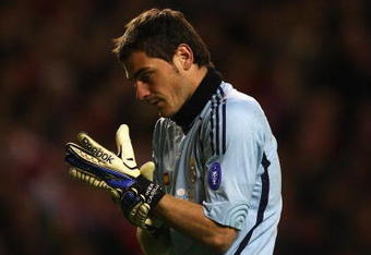 LIVERPOOL, UNITED KINGDOM - MARCH 10:  Iker Casillas of Real Madrid shows his dejection during the UEFA Champions League Round of Sixteen, Second Leg match between Liverpool and Real Madrid at Anfield on March 10, 2009 in Liverpool, England.  (Photo by Clive Mason/Getty Images)