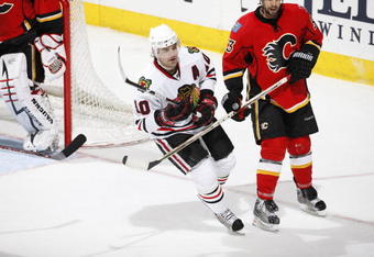 CALGARY, CANADA - FEBRUARY 5: Patrick Sharp #10 of the Chicago Blackhawks skates against the Calgary Flames on February 5, 2009 at Pengrowth Saddledome in Calgary, Alberta, Canada. (Photo by Dale MacMillan/Getty Images)