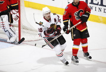CALGARY, CANADA - FEBRUARY 5: Patrick Sharp #10 of the Chicago Blackhawks skates against the Calgary Flames on February 5, 2009 at Pengrowth Saddledome in Calgary, Alberta, Canada. (Photo by Dale MacMillan/Getty Images)