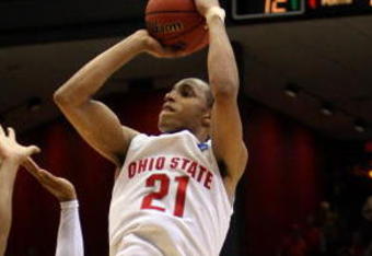 DAYTON, OH - MARCH 20: Evan Turner#21 of the Ohio State Buckeyes shoots over Kenny Hasbrouck #41 of the Siena Saints during the first round of the NCAA Division I Men's Basketball Tournament at the University of Dayton Arena on March 20, 2009 in Dayton, Ohio.  (Photo by Andy Lyons/Getty Images)