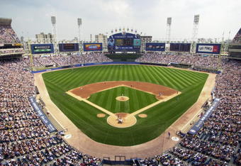CHICAGO - JUNE 30:  A general view of Comiskey Park and the 45,351 in attendance looking out to straight away center field from above home plate as the Chicago Cubs take on the Chicago White Sox on June 30, 2002 during the inter-league game in Chicago, Illinois. Comiskey Park will host the 2003 All-Star game on July 15.  The Cubs defeated the White Sox 9-2.  (Photo by Jonathan Daniel/Getty Images)