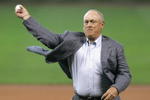 HOUSTON - OCTOBER 15:  Hall of Fame pitcher Nolan Ryan throws out the first pitch before the start of Game Three of the National League Championship Series between the St. Louis Cardinals and the Houston Astros at Minute Maid Park on October 15, 2005 in Houston, Texas.    (Photo by Christian Petersen/Getty Images)