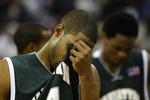 RALEIGH, NC - MARCH 20:  Peter Mulligan #44 of the Manhattan Jaspers walks off the court after a 84-80 defeat during the second round game of the NCAA Division I Men's Basketball Tournament to the Wake Forest Demon Deacons at RBC Center on March 20, 2004 in Raleigh, North Carolina.  (Photo by Ezra Shaw/Getty Images)