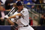MILWAUKEE - OCTOBER 04: J.J. Hardy #7 of the Milwaukee Brewers bats against the Philadelphia Phillies in Game three of the NLDS during the 2008 MLB playoffs at Miller Park on October 4, 2008 in Milwaukee, Wisconsin. (Photo by Jim McIsaac/Getty Images) 