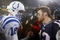FOXBORO, MA - JANUARY 18:  Quarterback Tom Brady #12 of the New England Patriots and quarterback Peyton Manning #18 of the Indianapolis Colts greet each other on the field after the AFC Championship Game on January 18, 2004 at Gillette Stadium in Foxboro, Massachusetts. The Patriots defeated the Colts 24-14 to advance to the Super Bowl.  (Photo by Ezra Shaw/Getty Images)