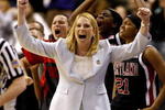 BOSTON - APRIL 04:  Head coach Brenda Frese of the Maryland Terrapins celebrates during their 78-75 overtime victory over the Duke Blue Devils in the 2006 NCAA Women's Basketball Championship Game on April 4, 2006 at the TD Banknorth Garden in Boston, Massachusetts.  (Photo by Elsa/Getty Images)