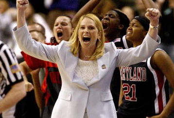 BOSTON - APRIL 04:  Head coach Brenda Frese of the Maryland Terrapins celebrates during their 78-75 overtime victory over the Duke Blue Devils in the 2006 NCAA Women's Basketball Championship Game on April 4, 2006 at the TD Banknorth Garden in Boston, Massachusetts.  (Photo by Elsa/Getty Images)