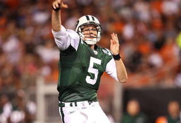 CLEVELAND, OH - AUGUST 7:  Brett Ratliff #5 of the New York Jets throws a pass against the Cleveland Browns during a preseason NFL game at Cleveland Browns Stadium on August 7, 2008 in Cleveland, Ohio. (Photo by Joe Robbins/Getty Images)