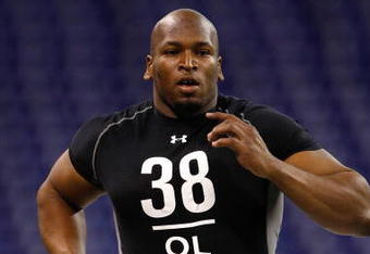 INDIANAPOLIS, IN - FEBRUARY 21:  Offensive lineman Eugene Monroe of Virginia runs the 40 yard dash as he participates in drills during the NFL Scouting Combine presented by Under Armour at Lucas Oil Stadium on February 21, 2009 in Indianapolis, Indiana. (Photo by Scott Boehm/Getty Images)