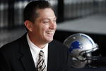 DETROIT , MI - JANUARY 16:  Jim Schwartz head coach of the Detroit Lions talks with the media after press conference to introduce him as the Lions new head coach on January 16, 2009 at Ford Field in Detroit, Michigan.  (Photo by Gregory Shamus/Getty Images)