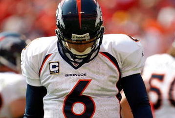 KANSAS CITY, MO - SEPTEMBER 28:  Quarterback Jay Cutler #6 of the Denver Broncos walks off the field after failing to make a first down during the game against the Kansas City Chiefs on September 28, 2008 at Arrowhead Stadium in Kansas City, Missouri.  (Photo by Jamie Squire/Getty Images)
