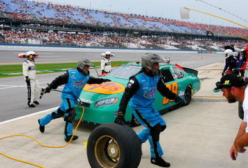 TALLADEGA, AL - APRIL 26:  Morgan Shepherd, driver of the #89 Victory In Jesus Racing Dodge, makes a pit stop during the NASCAR Nationwide Series Aaron's 312 at Talladega Superspeedway on April 26, 2008 in Talladega, Alabama.  (Photo by John Harrelson/Getty Images for NASCAR)