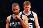 NEW YORK - FEBRUARY 17:  Tony Parker #9 and Matt Bonner #15 of the San Antonio Spurs walk up the court against the New York Knicks at Madison Square Garden February 17, 2009 in New York City. NOTE TO USER: User expressly acknowledges and agrees that, by downloading and/or using this Photograph, User is consenting to the terms and conditions of the Getty Images License Agreement.  (Photo by Chris McGrath/Getty Images)