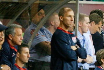 HOUSTON - FEBRUARY 06:  U.S. MNT head coach Bob Bradley, far right, looks on with the rest of the U.S. coaching staff February 6, 2008 at Reliant Stadium in Houston, Texas.  (Photo by Bob Levey/Getty Images)