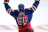 NEW YORK - MAY 01:  Jaromir Jagr #68 of the New York Rangers acknowledges the crowd after being named the second star after his team defeated the Pittsburgh Penguins 3-0 in Game 4 of the Eastern Conference Semifinals of the 2008 NHL Stanley Cup Playoffs at Madison Square Garden on May 1, 2008 in New York City.  The Penguins lead the series 3-1.  (Photo by Bruce Bennett/Getty Images)