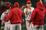 BOSTON - OCTOBER 05:  Jered Weaver #36 and Mike Napoli #44 of the Los Angeles Angels of Anaheim celebrate the win after Game Three of the American League Championship Series on October 5, 2008  at Fenway Park in Boston, Massachusetts. The Angels defeated the Red Sox 5-4 in 12 innings.  (Photo by Elsa/Getty Images)