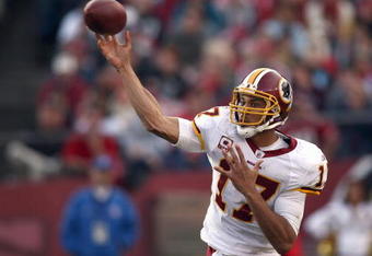 SAN FRANCISCO - DECEMBER 28:  Quarterback  Jason Campbell #17 of the Washington Redskins passes the ball during the game against of the San Fransisco 49ers at Candlestick Park on December 28, 2008 in San Francisco, California. (Photo by: Jonathan Ferrey/Getty Images)