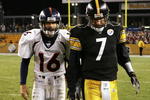 PITTSBURGH - NOVEMBER 05:  Quarterbacks Ben Rothlisberger #7 of the Pittsburgh Steelers and Jake Plummer #16 of the Denver Broncos walk off the field after thier game on November 5, 2006 at Heinz Field in Pittsburgh, Pennsylvania.  (Photo by Jim McIsaac/Getty Images)