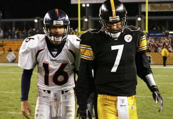 PITTSBURGH - NOVEMBER 05:  Quarterbacks Ben Rothlisberger #7 of the Pittsburgh Steelers and Jake Plummer #16 of the Denver Broncos walk off the field after thier game on November 5, 2006 at Heinz Field in Pittsburgh, Pennsylvania.  (Photo by Jim McIsaac/Getty Images)