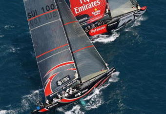 VALENCIA, SPAIN - JUNE 29:  Alinghi Team Switzerland races against Emirates Team New Zealand during the fifth race of the 32nd America's Cup Match by Louis Vuitton on June 29, 2007 in Valencia, Spain.  (Photo by Shaun Botterill/Getty Images)