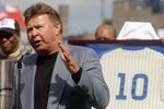 CHICAGO - SEPTEMBER 28:  Former Chicago Cub third baseman Ron Santo speaks to the fans during a retirement ceremony for Santo's uniform number 10 before a game against the Pittsburgh Pirates on September 28, 2003 at Wrigley Field in Chicago, Illinois.  The Pirates defeated the Cubs 3-2.  (Photo by Jonathan Daniel/Getty Images)